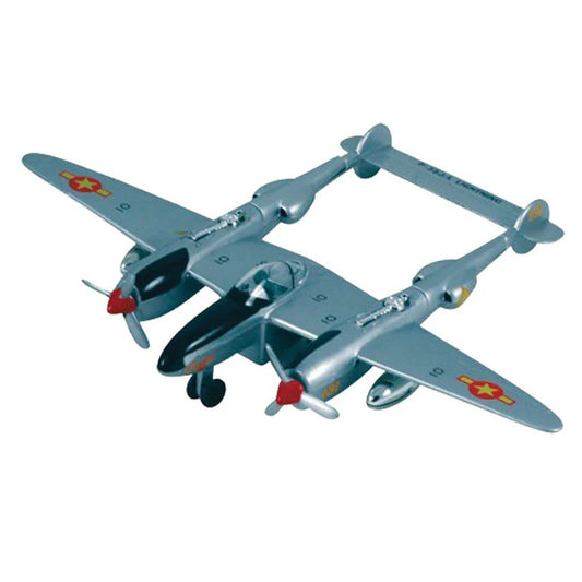 WowToyz P-38 Lightning Die Cast Pullback – Silver Aircraft Front Left Angled View
