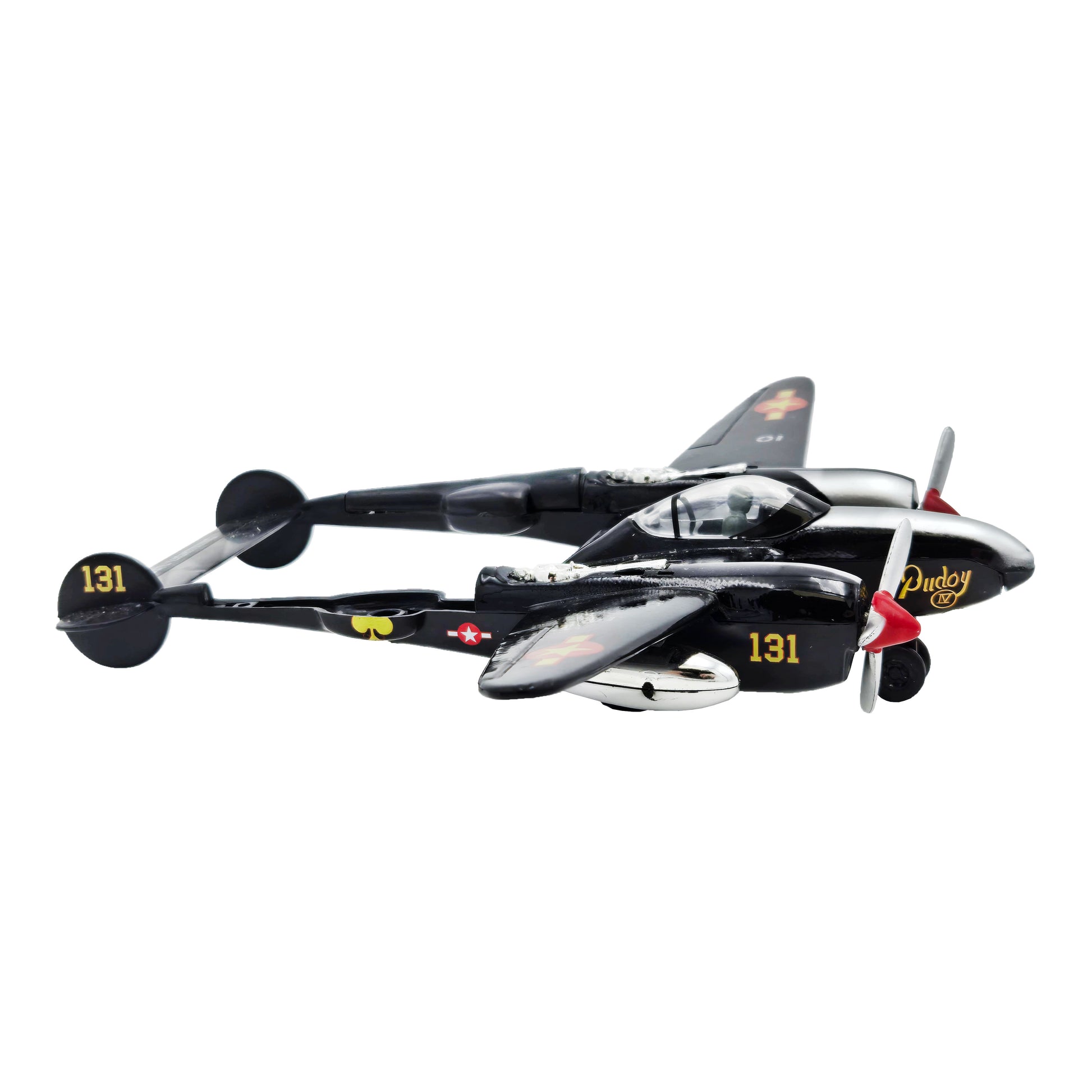 WowToyz P-38 Lightning Pullback – Black Plane Front Right Angled View