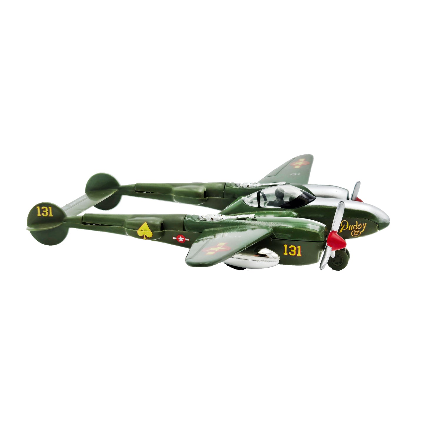 WowToyz P-38 Lightning Die Cast Pullback – Green Aircraft Front Right Angled View
