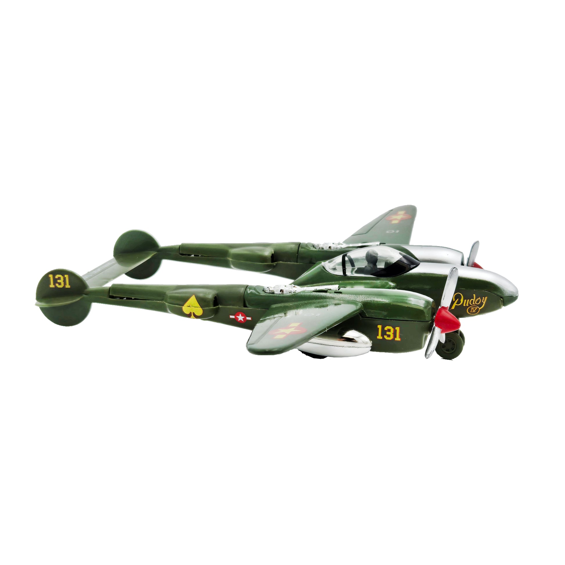 WowToyz P-38 Lightning Die Cast Pullback – Green Aircraft Front Right Angled View