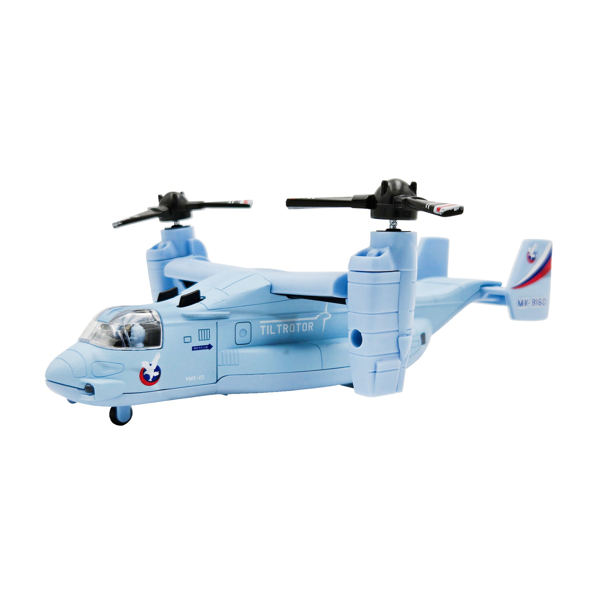 WowToyz V-22 Osprey pullback toy in light blue with 'TILTROTOR' marking, MV-8160 tail decal, and twin propellers with red and white tips | viewing angle left