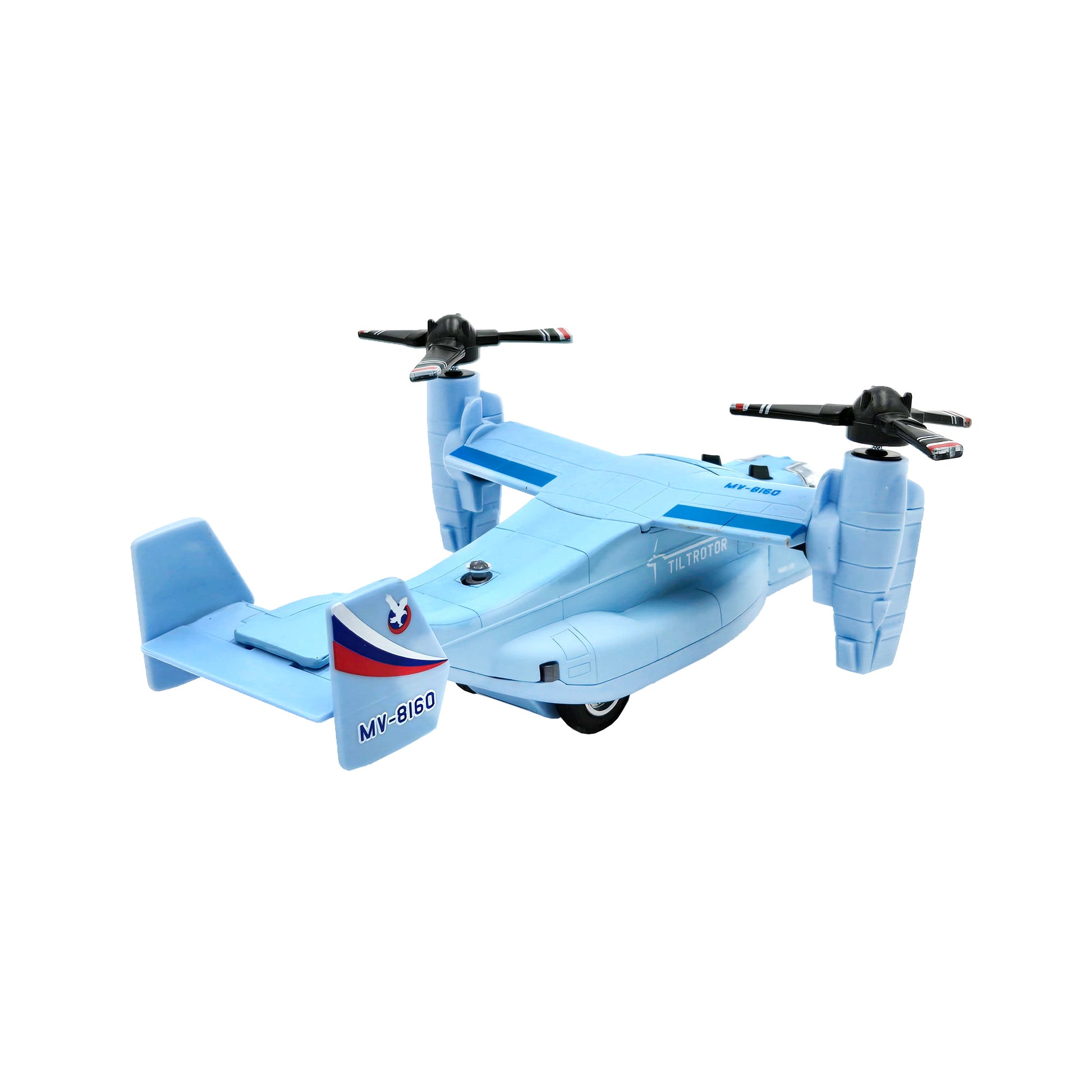 Light blue WowToyz V-22 Osprey diecast toy with cockpit canopy, 'TILTROTOR' marking, MV-8160 striped tail, and dual tiltrotor propellers | viewing rear facing right
