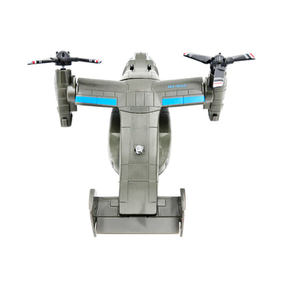 Dark green WowToyz V-22 Osprey toy aircraft with light blue wing stripes, 'TILTROTOR' text, and black-gray propellers with red-white tips