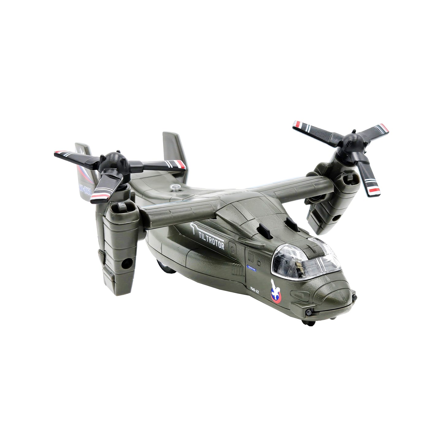 Army green WowToyz V-22 Osprey diecast pullback toy with cockpit canopy, 'TILTROTOR' fuselage text, MV-8160 tail stripe, and twin tiltrotor propellers