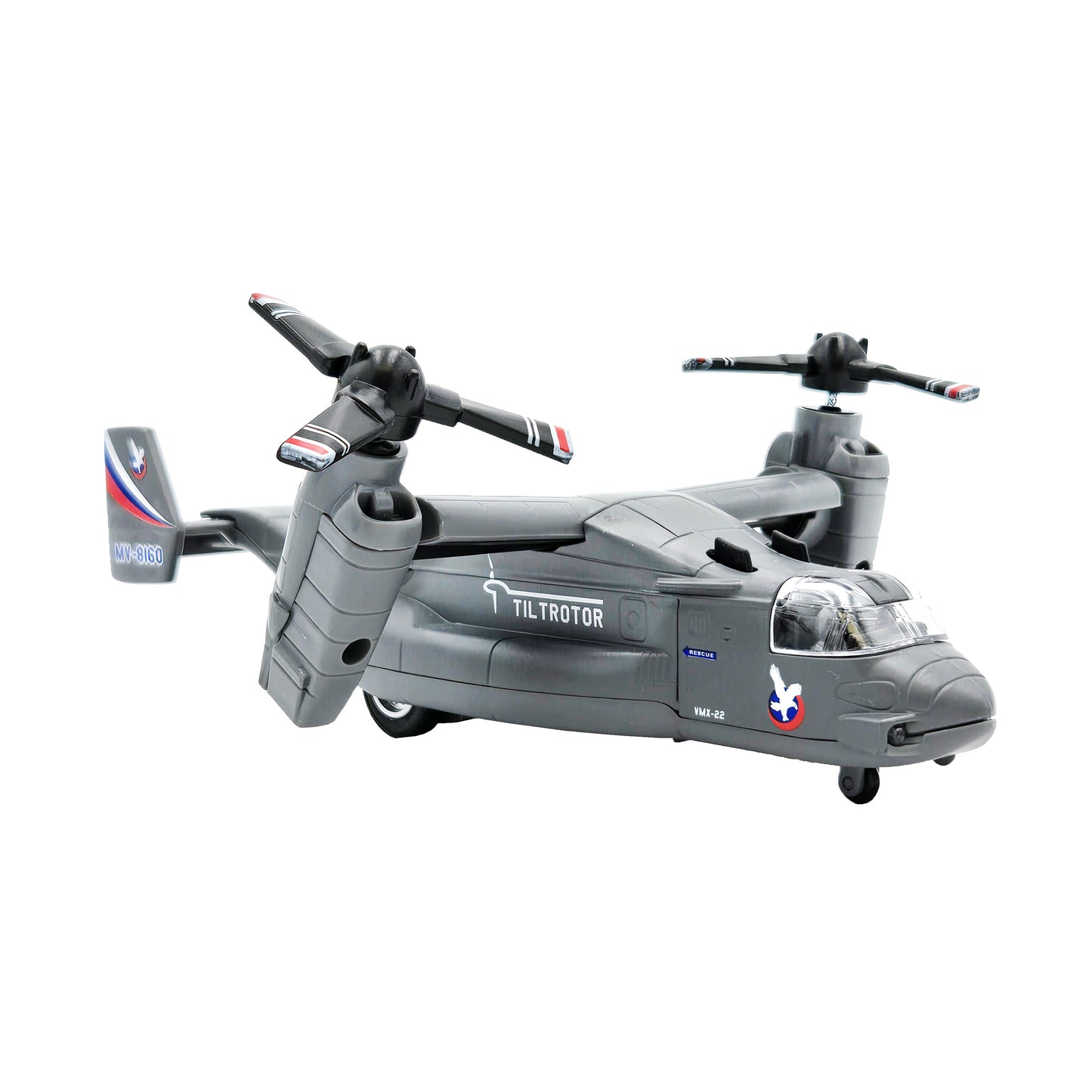 Gray WowToyz V-22 Osprey pullback toy aircraft with 'TILTROTOR' and MV-8160 markings, red-white-blue tail stripe, and twin tiltrotor propeller | angled right front facing
