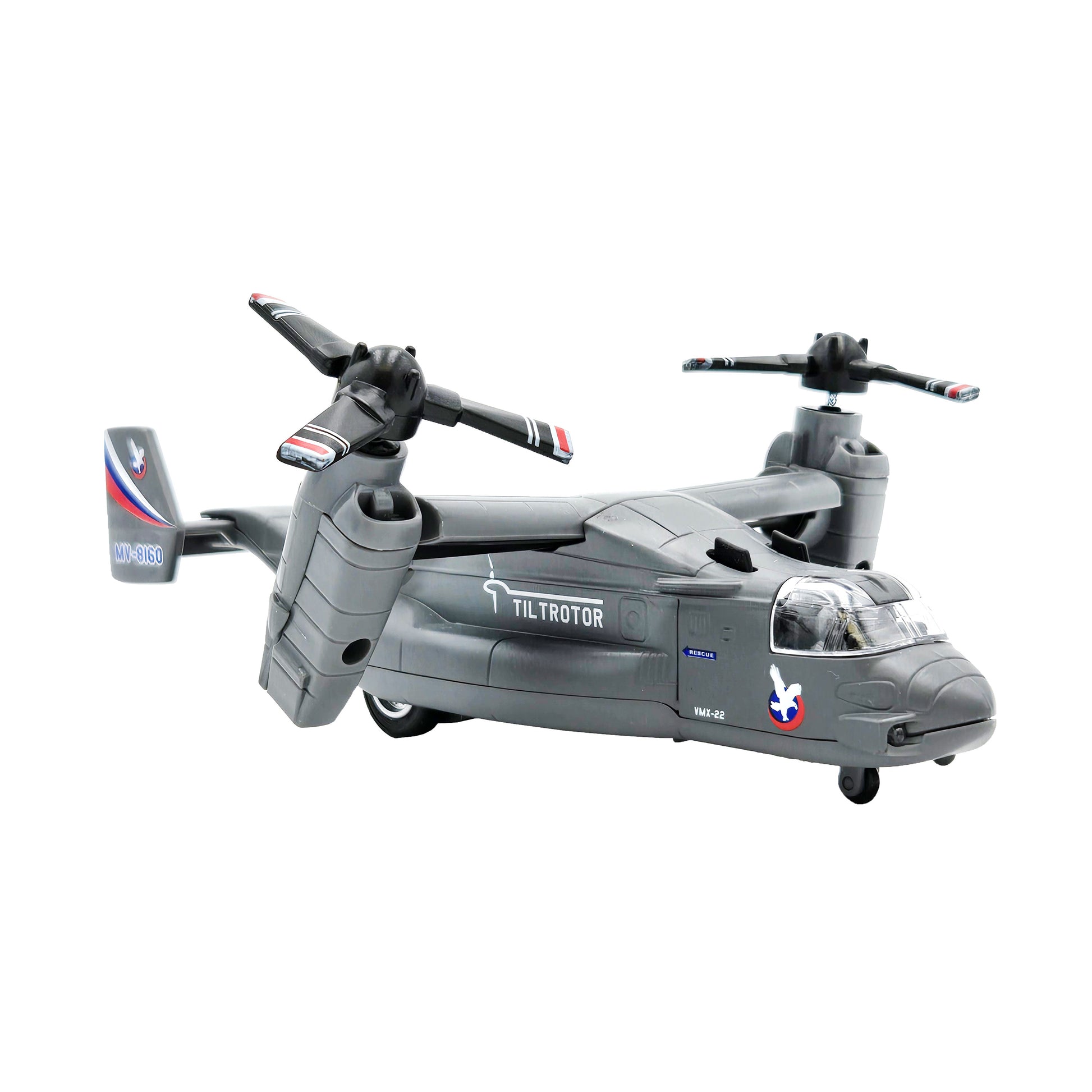 Gray WowToyz V-22 Osprey pullback toy aircraft with 'TILTROTOR' and MV-8160 markings, red-white-blue tail stripe, and twin tiltrotor propeller | angled right front facing