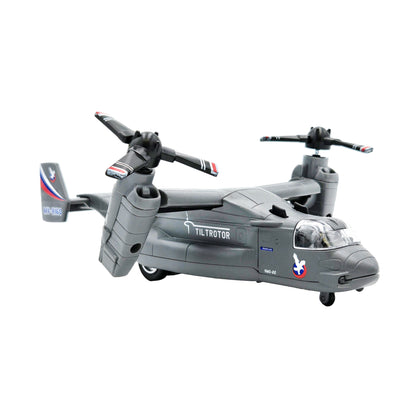 Gray WowToyz V-22 Osprey pullback toy aircraft with 'TILTROTOR' and MV-8160 markings, red-white-blue tail stripe, and twin tiltrotor propeller | angled right front facing