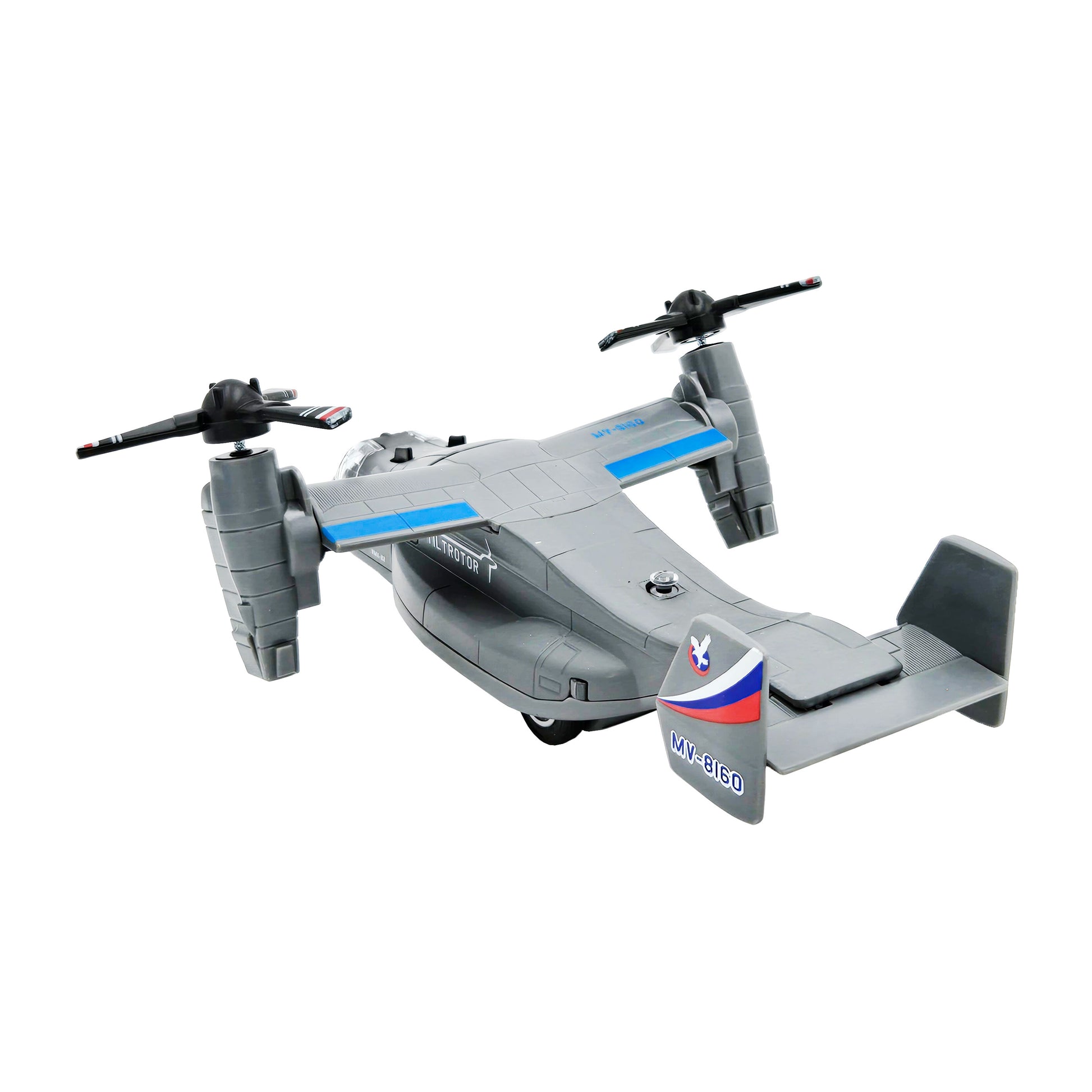 WowToyz gray V-22 Osprey jumbo diecast pullback with cockpit canopy, 'TILTROTOR' marking, MV-8160 tail decal, and red-tipped propellers | rear view angled to the left upper-corner