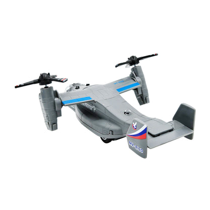 WowToyz gray V-22 Osprey jumbo diecast pullback with cockpit canopy, 'TILTROTOR' marking, MV-8160 tail decal, and red-tipped propellers | rear view angled to the left upper-corner