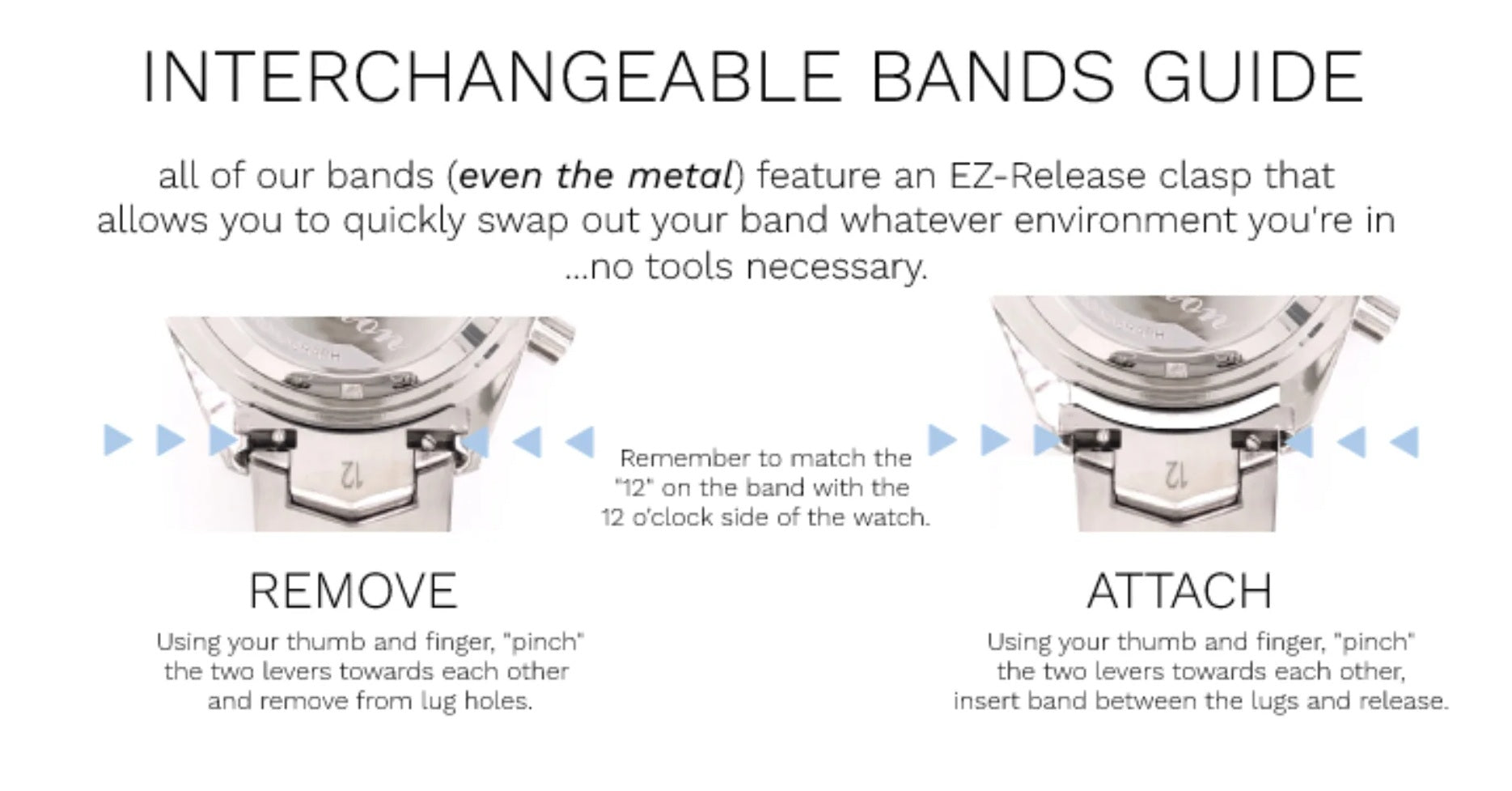 Abingdon Co. Interchangeable Bands Guide Showing EZ-Release Clasp Instructions for Removing and Attaching Watch Bands Without Tools