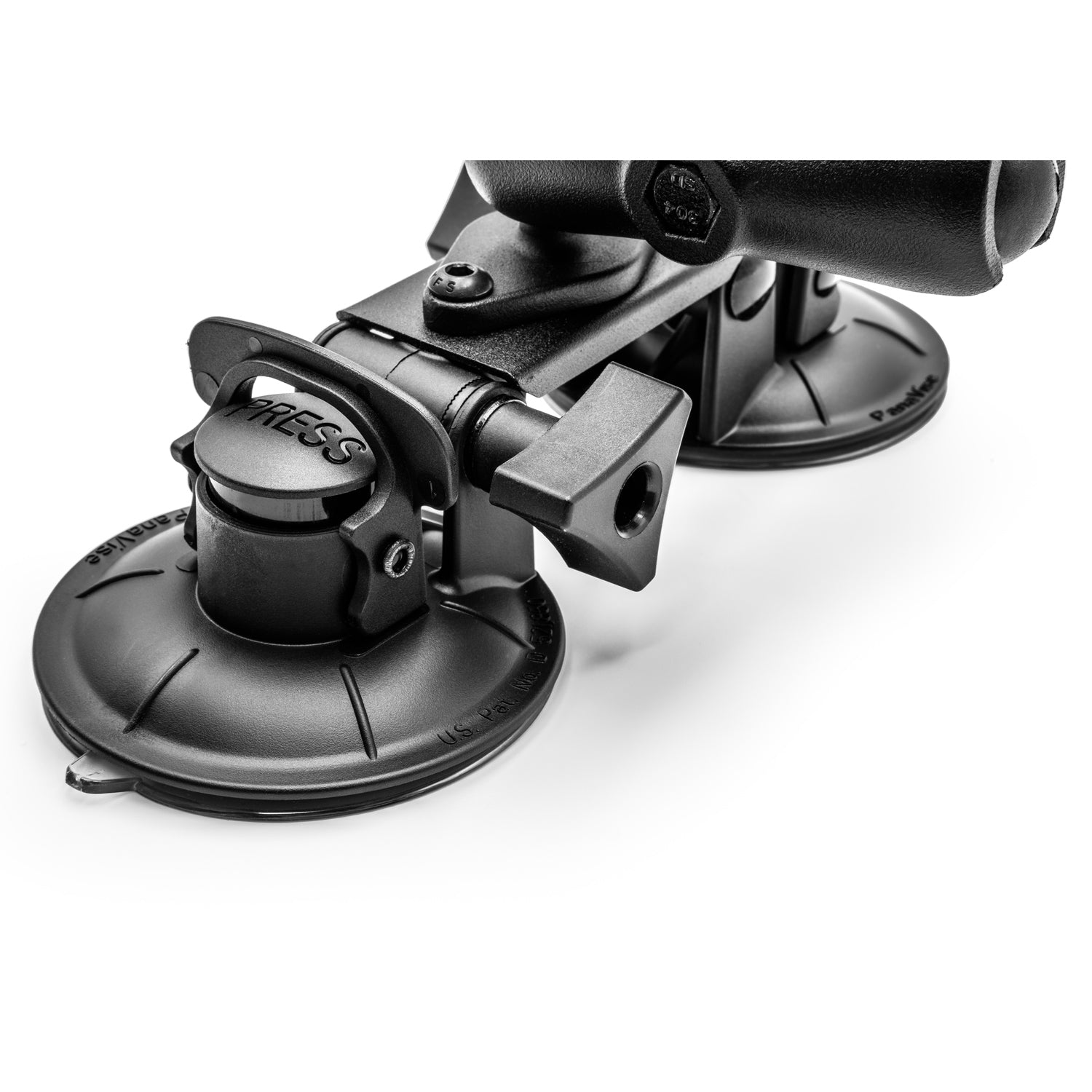 Close-up of PIVOT Double Suction Cup Mount with adjustable RAM-compatible arm