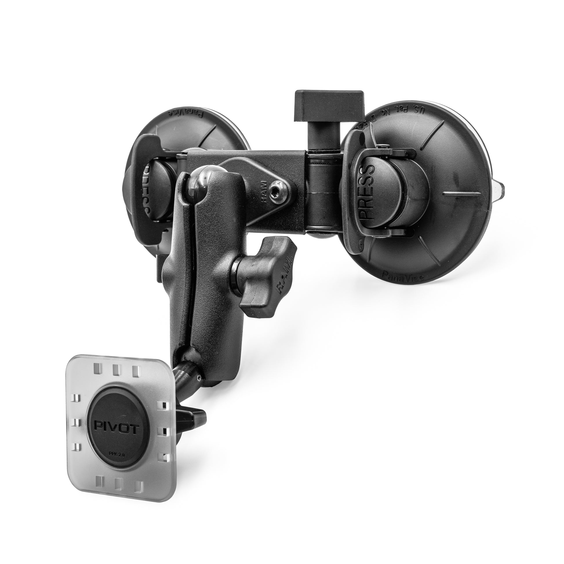 Front view of PIVOT Double Suction Cup Aviation iPad Mount with dual locking suction cups