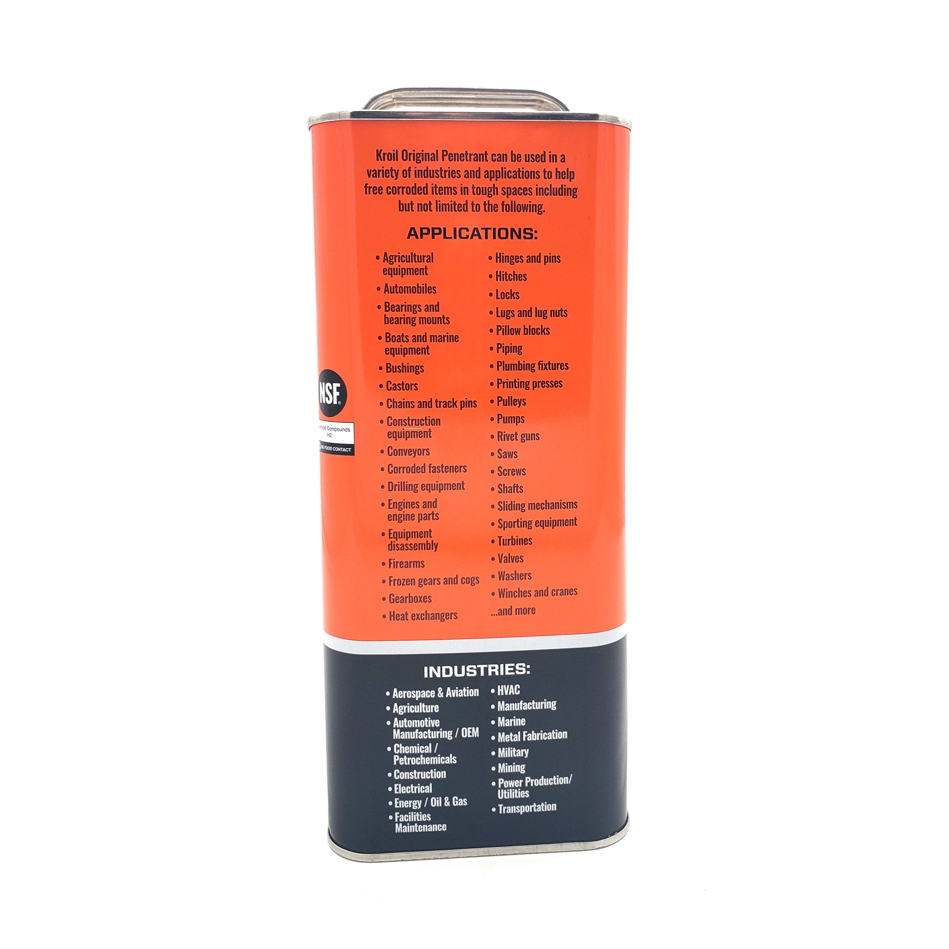Kano - Kroil Original Penetrating Oil (AeroKroil) | Kroil 1 Gallon can, right side with list of places where to apply