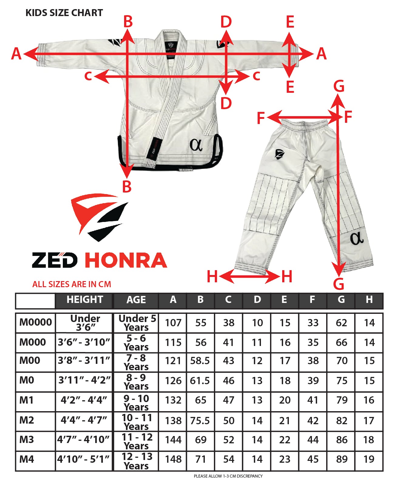 Zed Honra Youth Alpha Gi Size Chart – BJJ Kimono Sizing Guide for Kids