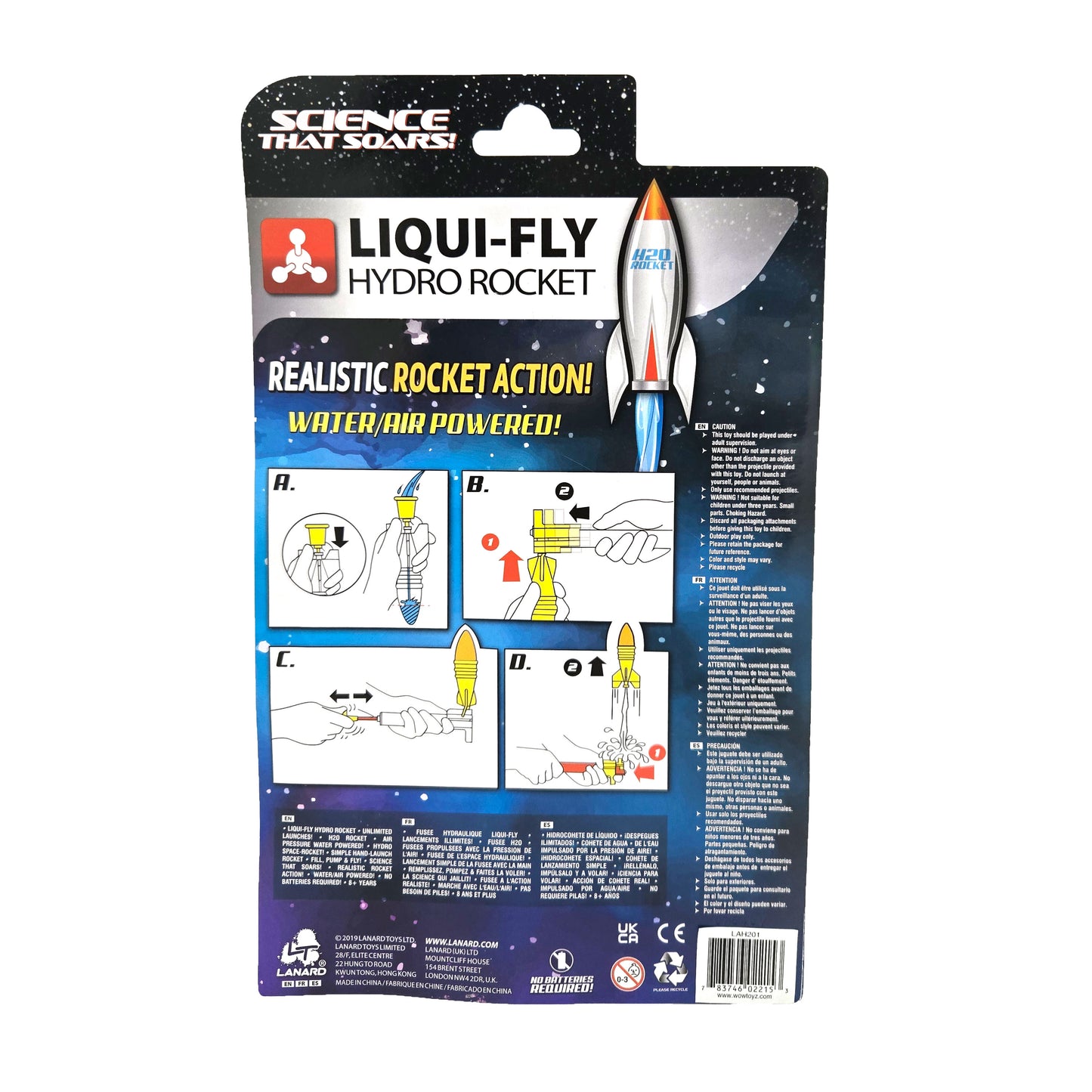 WowToyz® Hydro Space Rocket Set back view with product details - high-flying water-propelled rocket for kids