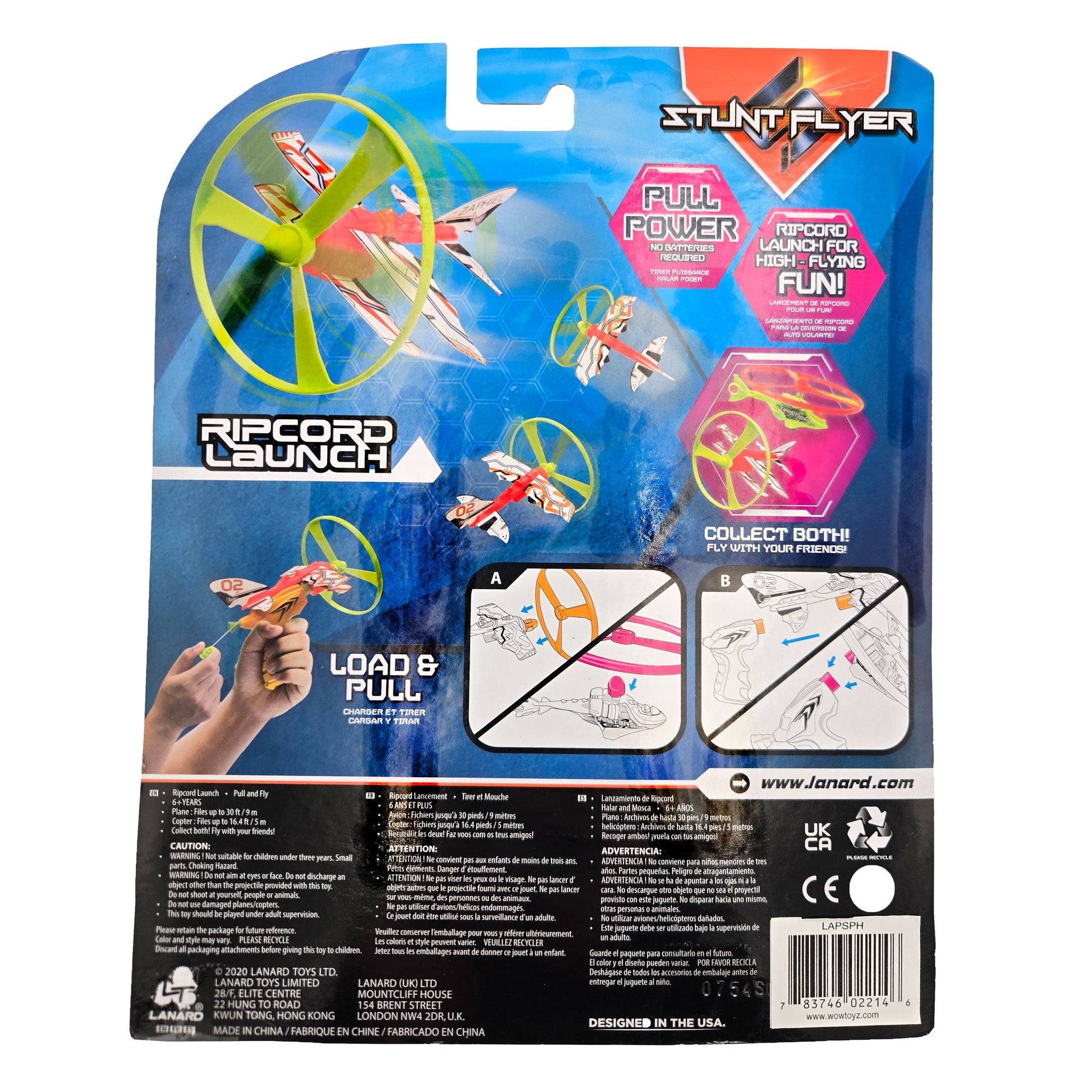 WowToyz® Stunt Flyer Ripcord Launcher back display - product features and instructions for biplane and helicopter flying toys