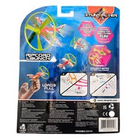 WowToyz® Stunt Flyer Ripcord Launcher back display - product features and instructions for biplane and helicopter flying toys