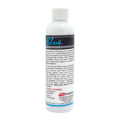 Lav Chem Aviation Lavatory Deodorant Blue 4 fl. oz back view with product details - long-lasting aviation lavatory cleaner