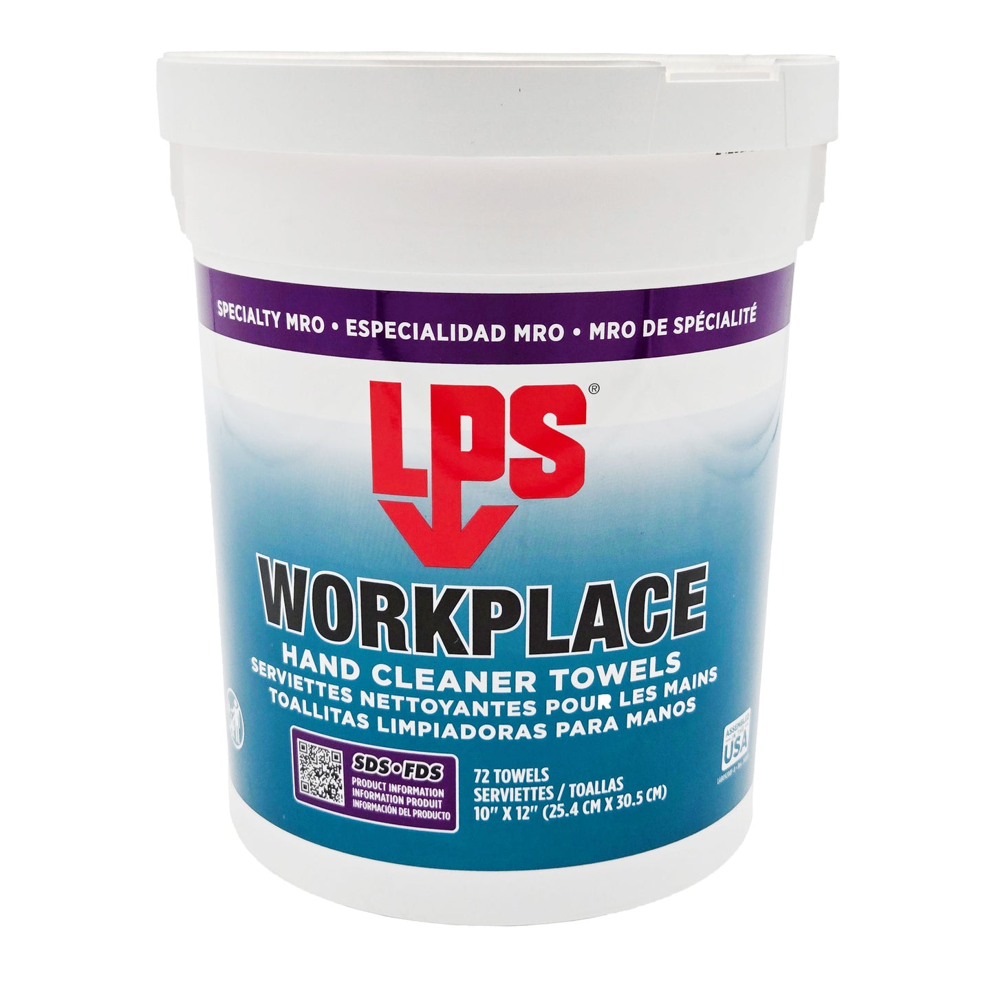 Front label of LPS Workplace Hand Cleaner Towels with red LPS logo, multilingual product name, 72 towels, QR-code, USA logo, and SDS info