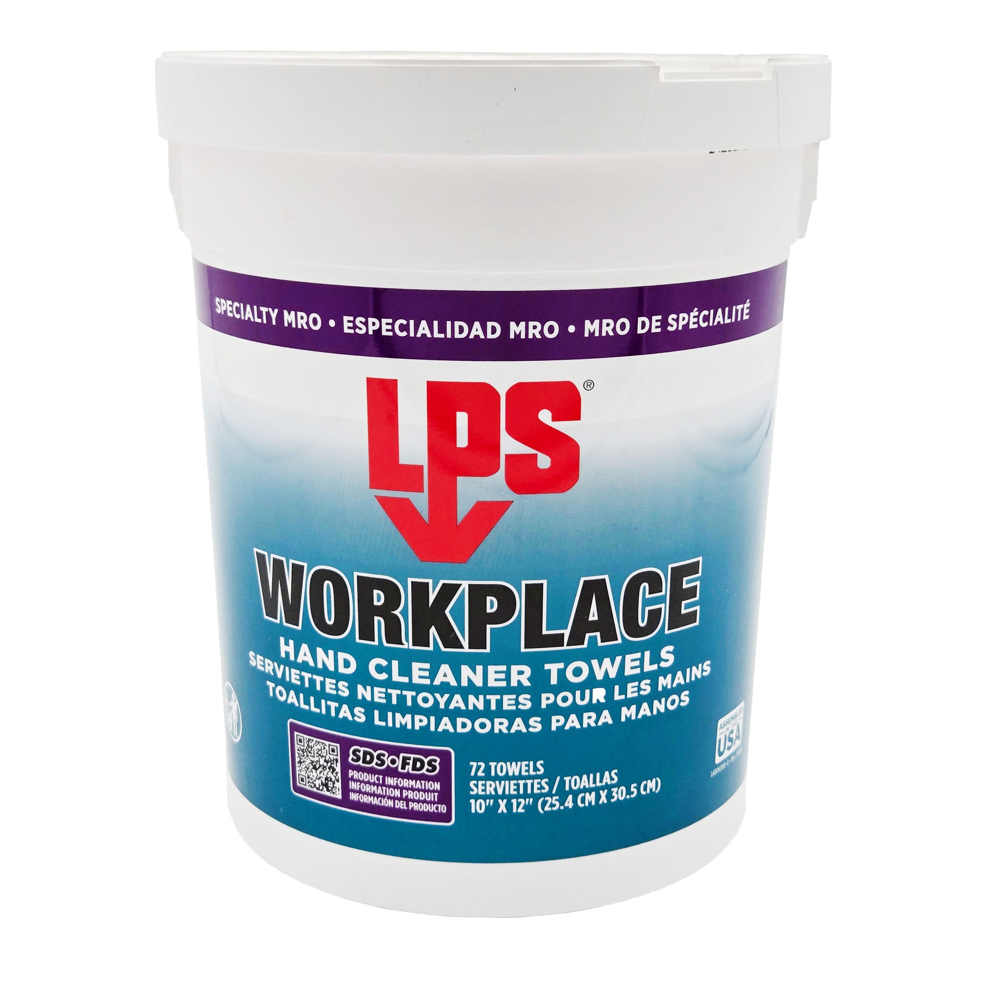 Front label of LPS Workplace Hand Cleaner Towels with red LPS logo, multilingual product name, 72 towels, QR-code, USA logo, and SDS info
