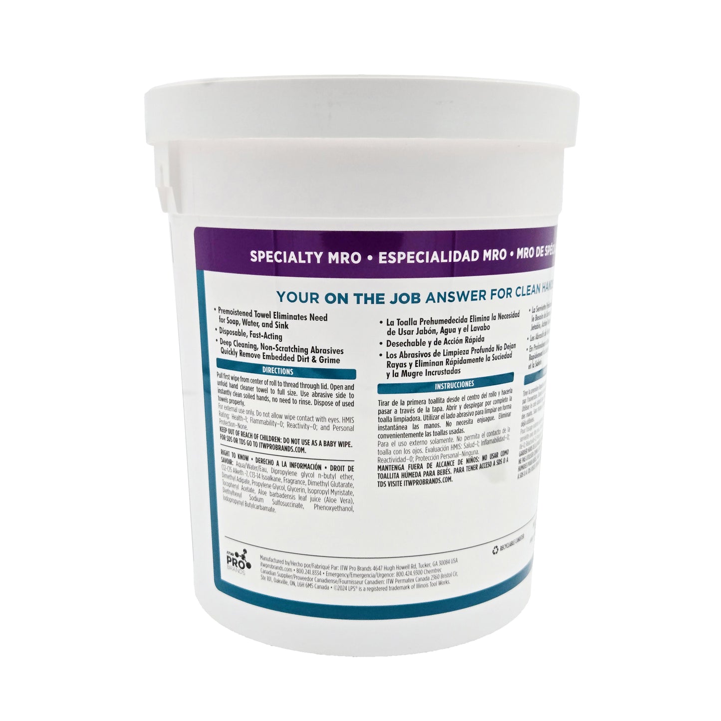 Back and side label of LPS Workplace Hand Cleaner Towels tub showing English and Spanish instructions, recyclable canister icon, and manufacturer info