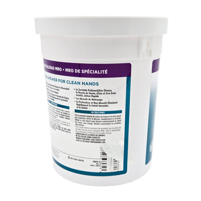 Side view of LPS Workplace Hand Cleaner Towels tub showing French product claims, usage instructions, warnings, and recyclable icon