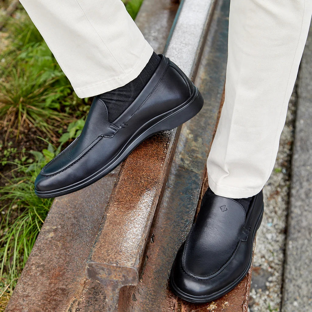 Amberjack The Loafer Obsidian black pilot dress loafer, left side view, full-grain leather slip-on | Lifestyle