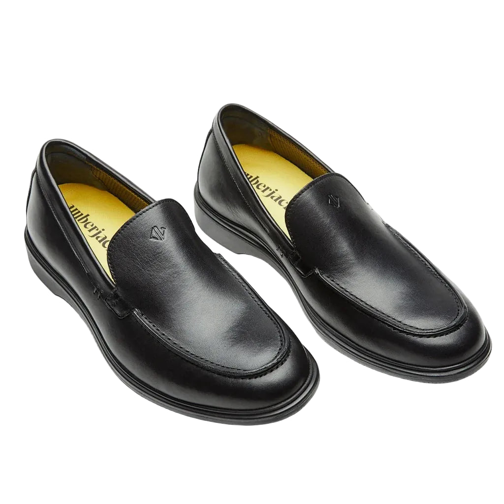 Amberjack The Loafer Obsidian black pilot dress loafer, left side view, full-grain leather slip-on | Angled Veiw