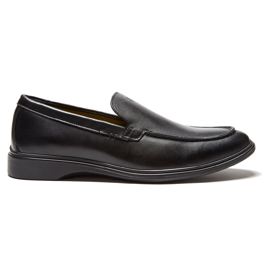 Amberjack The Loafer Obsidian black pilot dress loafer, left side view, full-grain leather slip-on | right