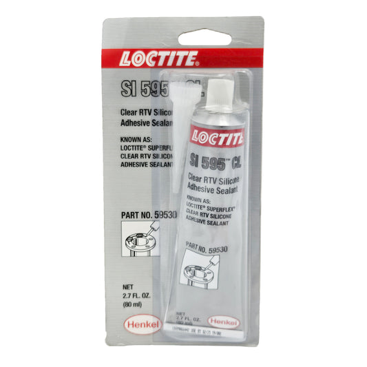 Front view of expired Loctite Superflex clear RTV silicone adhesive sealant 80 mL blister package showing tube and temperature- and UV-resistant features.