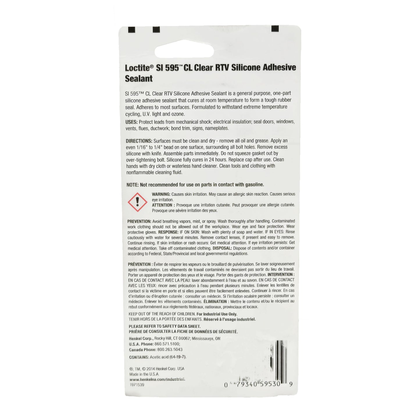 Back view of Loctite Superflex clear RTV silicone sealant packaging showing application directions, cure time, safety warnings, and barcode