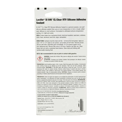 Back view of Loctite Superflex clear RTV silicone sealant packaging showing application directions, cure time, safety warnings, and barcode