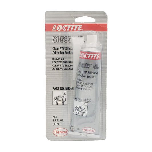 Front view of expired Loctite Superflex clear RTV silicone adhesive sealant 80 mL in blister packaging showing tube, applicator nozzle, and part number 59530