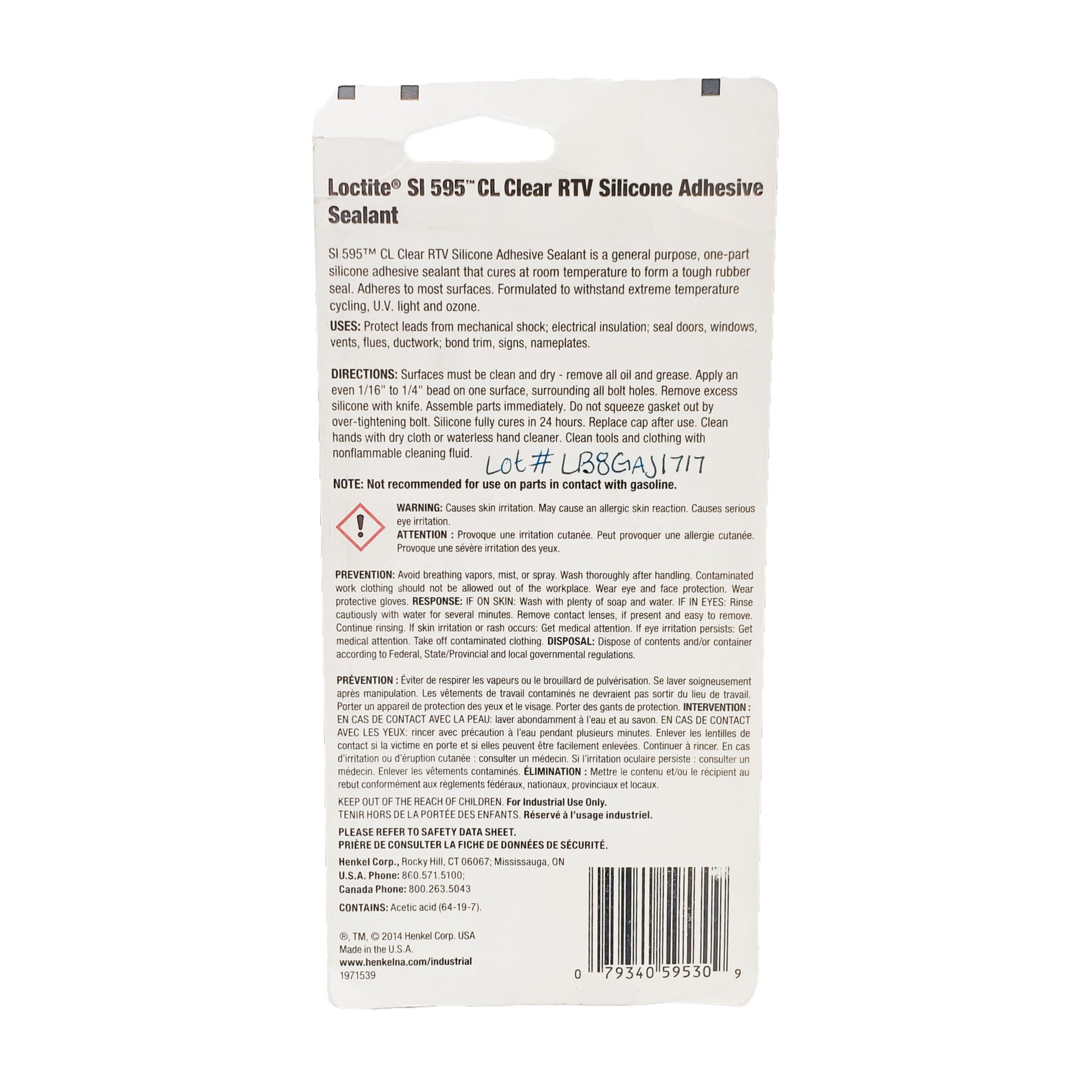 Back of Loctite Superflex clear RTV silicone packaging showing application instructions, curing information, safety warnings, lot number LB8GAJ1717, and UPC barcode.