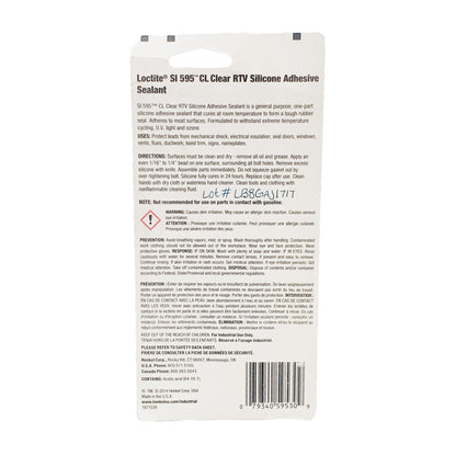 Back of Loctite Superflex clear RTV silicone packaging showing application instructions, curing information, safety warnings, lot number LB8GAJ1717, and UPC barcode.