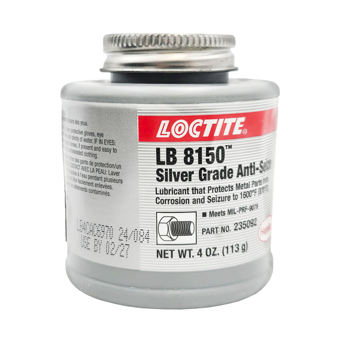 Front view of Loctite LB 8150 Silver Grade Anti-Seize Compound 4 oz can with 1600°F protection and February 2027 expiration.