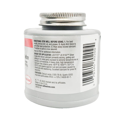 Side label of Loctite LB 8150 Anti-Seize 4 oz can showing directions to stir before use and contents including cerium oxide and quartz.