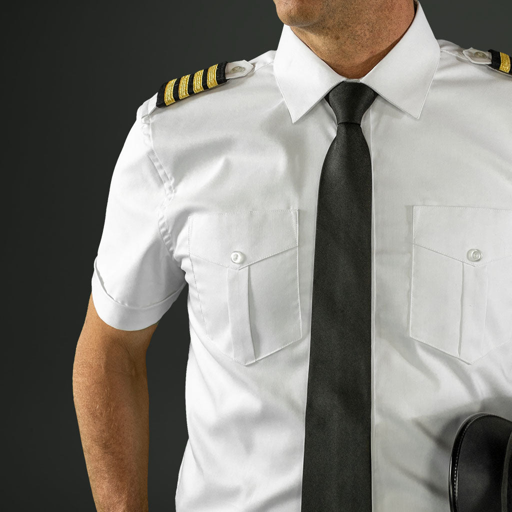 mens pilot shirt modern fit white short sleeve uniform with epaulette tabs chest pockets aviation uniform