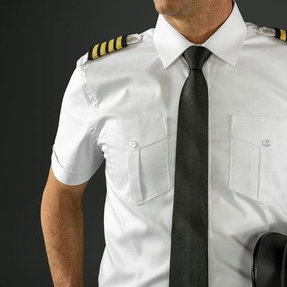 mens pilot shirt modern fit white short sleeve uniform with epaulette tabs chest pockets aviation uniform