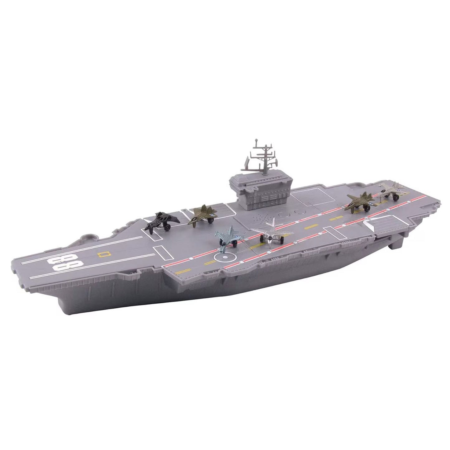 WowToyz Deluxe Aircraft Carrier Playset – Manufacturer Image of Box and Fully Set Up Carrier