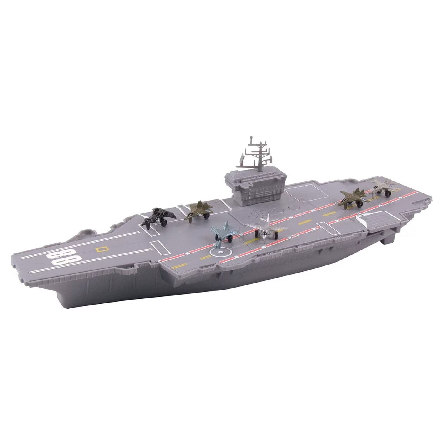 WowToyz Deluxe Aircraft Carrier Playset – Manufacturer Image of Box and Fully Set Up Carrier