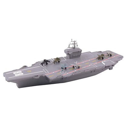 WowToyz Deluxe Aircraft Carrier Playset – Manufacturer Image of Box and Fully Set Up Carrier