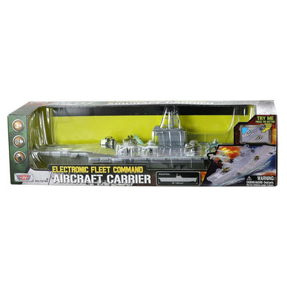 WowToyz Deluxe Aircraft Carrier Playset – Manufacturer Image of Box and Fully Set Up Carrier