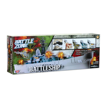WowToyz Giant Battleship Playset – Manufacturer Image of Box and Fully Assembled Battleship