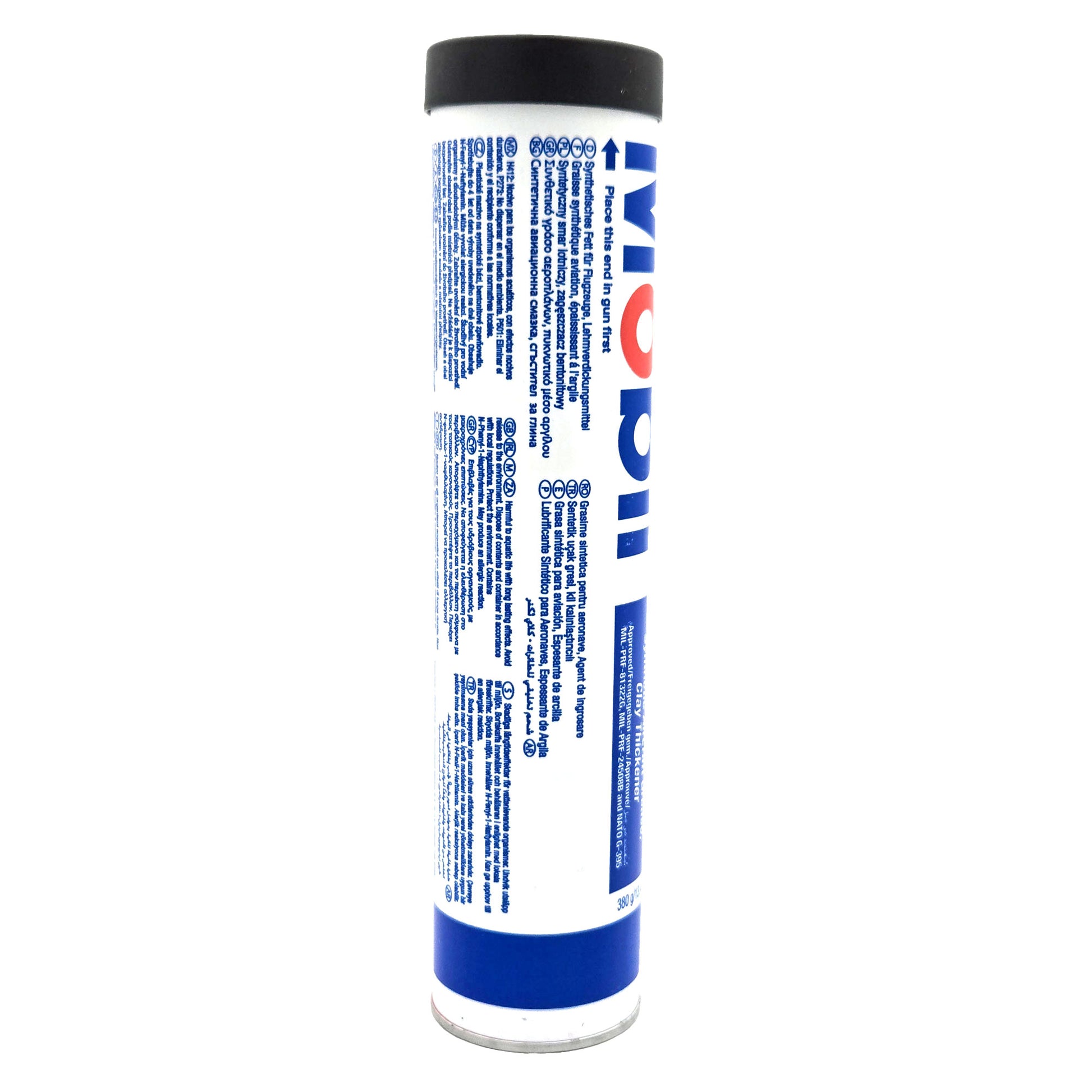 Mobil Mobilgrease 28 Aviation Grease 14 oz tube side view 2 - MIL-PRF-81322, extreme-temperature aviation lubricant