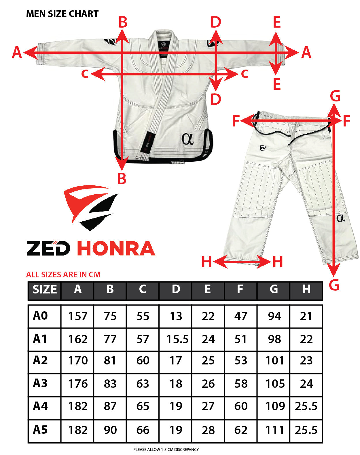 Zed Honra Men’s Alpha Gi – Old Size Chart for BJJ Kimono Sizing Guide