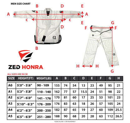 Zed Honra Men’s Alpha Gi Size Chart – BJJ Kimono Sizing Guide for A0 to A5