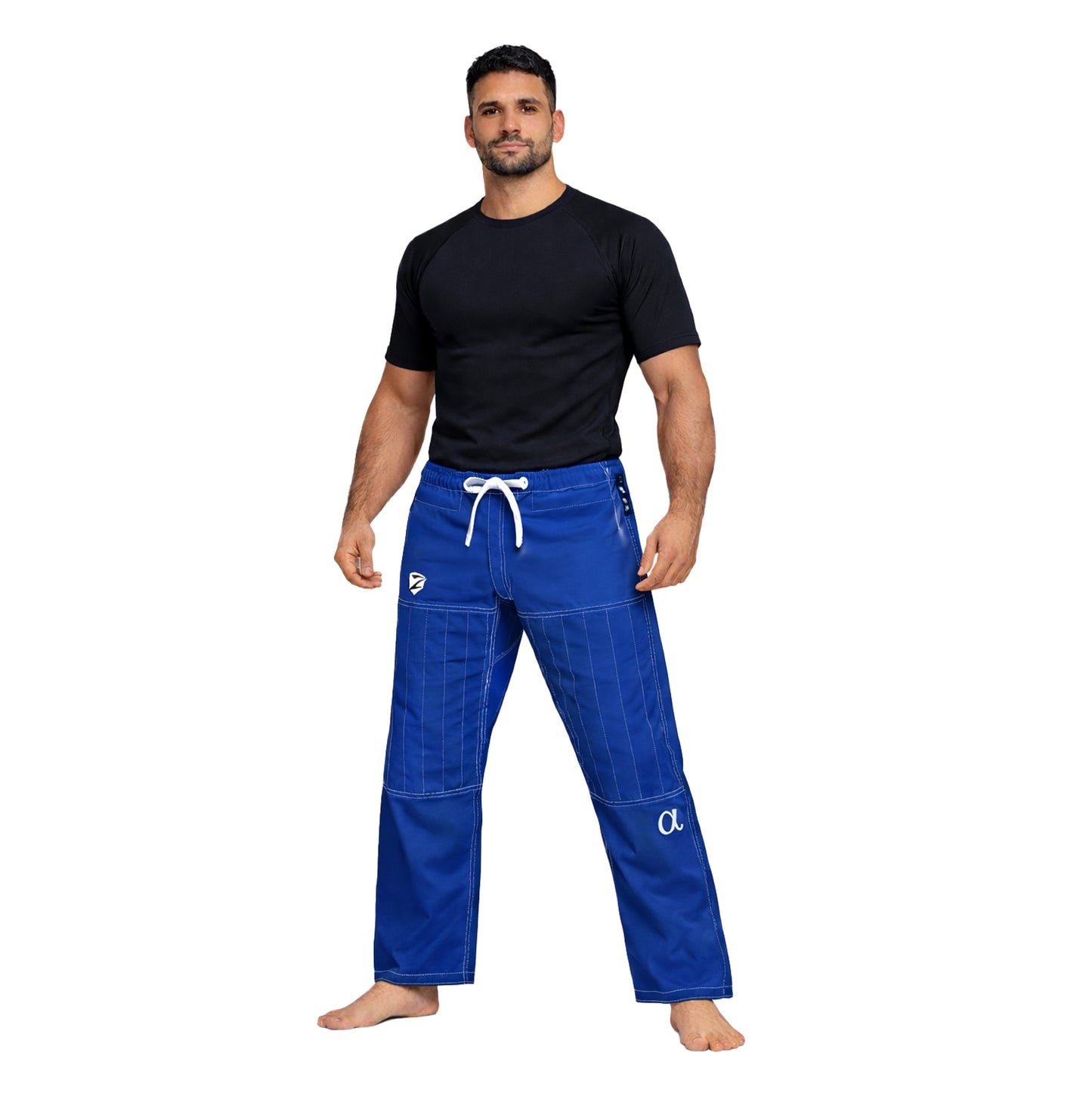 Man wearing a black shirt and blue pants on a white background