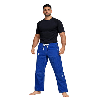 Man wearing a black shirt and blue pants on a white background