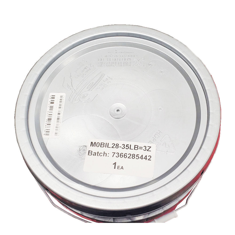 Top lid of Mobilgrease 28 35 lb pail with opening instructions and barcode stickers.